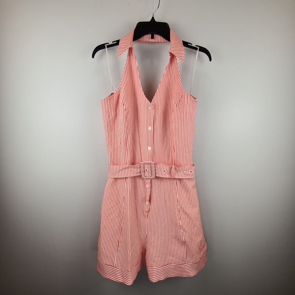 Maeve Anthropologie Red White Stripe Seersucker Halter Romper Belted‎ Size L